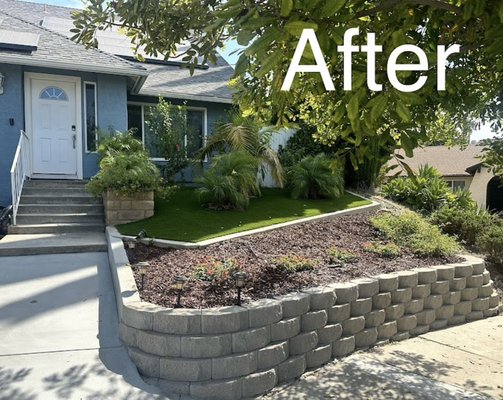 Escondido complete renovation - Complete renovation of front yard and side yard. Keystone retaining wall, turf and concrete pad extension used to give this Escondido home curb appeal and make the space better accessible/useful.