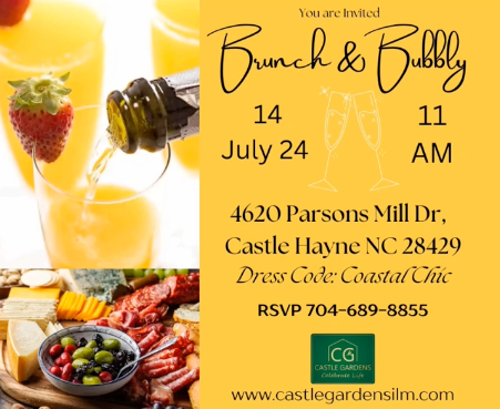 Open House event Brunch and Bubbly - July 14th 2024 - Castle Gardens ILM is proud to announce it's Open House event Brunch and Bubbly on July 14th, 2024. We will showcase our custom charcuterie boards, cocktails, and event decor. Learn more www.castlegardensilm.com #castlegardensilm #charcuterie #charcuterieboard #mimosa #ilm #wilmimgtonnc #caterer