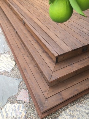 Custom color “Rupert’s Redwood” semitransparent stain. - We often use custom colors they we have developed over the last two decades. In the case of “Rupert’s Redwood,” it was clear that many stains available were too red or too dark brown. I ripped a picture of a Buddhist monastery floor out of a magazine and my stain vendor matched that. They took standard Redwood Naturaltone, took out some red and added brown. “We need a name for it,” I said. “We’ve already named it Rupert’s Redwood, they said. So be it! Hope you like it! Custom color “Rupert’s Redwood” semitransparent stain. - We often use custom colors they we have developed over the last two decades. In the case of “Rupert’s Redwood,” it was clear that many stains available were too red or too dark brown. I ripped a picture of a Buddhist monastery floor out of a magazine and my stain vendor matched that. They took standard Redwood Naturaltone, took out some red and added brown. “We need a name for it,” I said. “We’ve already named it Rupert’s Redwood, they said. So be it! Hope you like it!
