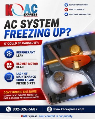 ❄️ Today's HVAC Project Completed in Spring, TX! - Today, we helped a homeowner in Spring, TX whose AC system was freezing up and no longer cooling the home properly.
After performing a complete HVAC inspection, we found that the frozen evaporator coil was caused by issues that commonly affect air conditioning systems, including low refrigerant from a leak, restricted airflow due to a dirty air filter, or a failing blower motor. These problems can cause the evaporator coil to freeze, reducing cooling performance and placing unnecessary strain on the entire system.
Our team diagnosed the root cause, completed the necessary repairs, and thoroughly tested the system to ensure it was operating efficiently again.
✅ Frozen AC system diagnosed
✅ HVAC system repaired and tested
✅ Cooling performance restored
✅ Airflow and system operation verified
💡 Homeowner Tip: If you notice ice on your indoor or outdoor AC unit, don't ignore it. A frozen AC system is often a sign of a larger problem, such as a refrigerant leak, blower motor failure, or lack of routine HVAC maintenance. Replacing your air filter regularly and scheduling annual AC maintenance can help prevent expensive repairs.
At KAC Express, we provide trusted AC repair, refrigerant leak detection, blower motor replacement, HVAC repair, and AC maintenance throughout Spring, TX. Our goal is to identify the real problem and provide honest, long-lasting solutions.
📞 (832) 326-5687
⭐ 4.9★ Google Rating | 397+ Reviews | Licensed & Insured Since 2012 ❄️ Today's HVAC Project Completed in Spring, TX! - Today, we helped a homeowner in Spring, TX whose AC system was freezing up and no longer cooling the home properly.
After performing a complete HVAC inspection, we found that the frozen evaporator coil was caused by issues that commonly affect air conditioning systems, including low refrigerant from a leak, restricted airflow due to a dirty air filter, or a failing blower motor. These problems can cause the evaporator coil to freeze, reducing cooling performance and placing unnecessary strain on the entire system.
Our team diagnosed the root cause, completed the necessary repairs, and thoroughly tested the system to ensure it was operating efficiently again.
✅ Frozen AC system diagnosed
✅ HVAC system repaired and tested
✅ Cooling performance restored
✅ Airflow and system operation verified
💡 Homeowner Tip: If you notice ice on your indoor or outdoor AC unit, don't ignore it. A frozen AC system is often a sign of a larger problem, such as a refrigerant leak, blower motor failure, or lack of routine HVAC maintenance. Replacing your air filter regularly and scheduling annual AC maintenance can help prevent expensive repairs.
At KAC Express, we provide trusted AC repair, refrigerant leak detection, blower motor replacement, HVAC repair, and AC maintenance throughout Spring, TX. Our goal is to identify the real problem and provide honest, long-lasting solutions.
📞 (832) 326-5687
⭐ 4.9★ Google Rating | 397+ Reviews | Licensed & Insured Since 2012