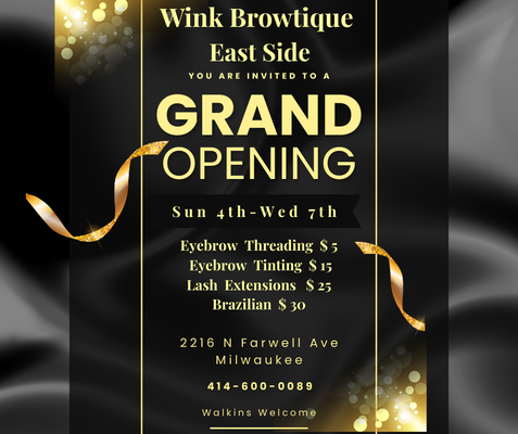 Grand Opening - Wink Browtique offers over 25 years of experience in the beauty industry, specializing in Eyebrow threading and Tinting, Eyelash Extensions, Body Waxing, Henna Tattoos, as well as Microshading and Microblading. Serving in Wauwatosa and Milwaukee East Side