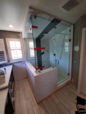 Master bathroom remodel - Master bathroom remodel. Demo existing and built a large steam shower per code. New shower system pitch ceiling, install tile per homeowner design, glass enclosure, cabinets, counters, and new flooring. Master bathroom remodel - Master bathroom remodel. Demo existing and built a large steam shower per code. New shower system pitch ceiling, install tile per homeowner design, glass enclosure, cabinets, counters, and new flooring.