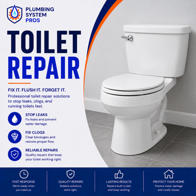 Toilet Repair & Replacement 🚽🔧 - When your toilet stops working properly, it’s more than just an inconvenience—it’s an urgent problem that needs fast, professional attention. At Plumbing System Pros, we specialize in toilet repair and replacement services that restore comfort, efficiency, and reliability to your home or business.

Whether your toilet is constantly running, leaking, clogged, or not flushing correctly, our licensed plumbers will quickly diagnose the issue and provide an honest recommendation—whether it’s a simple repair or a full replacement.

🚽 Our Toilet Services Include:

- Toilet clog removal and drain clearing
- Leak detection and repair
- Running or constantly filling toilet fixes
- Wax ring and flange replacement
- Toilet installation and upgrades

💡 Why Choose Plumbing System Pros:

- Same-day and emergency service available
- Upfront pricing with no hidden fees
- Skilled, licensed, and courteous plumbers
- Clean, efficient work with full area cleanup afterward

We carry and install top-quality brands and models to fit your budget and preferences—from water-saving designs to premium comfort-height options.

For toilet repair or replacement done right the first time, trust Plumbing System Pros—your local experts in dependable, professional plumbing service.