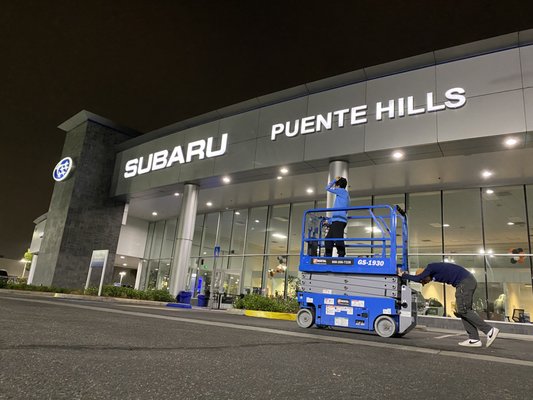 Subaru Building Wash - The Puente Hills Subaru location had an upcoming inspection and needed their front building pillar washed. We started with a basic wash, cleaned up the tougher grime and build up with chemicals, and finished it off with a sealer application.