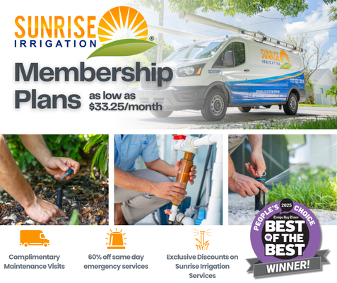 15% off Sunrise Services - Discover peace of mind with our exclusive membership plans at Sunrise Irrigation.
✨ Membership Perks Include: ✅ Priority scheduling for members ✅ Exclusive discounts on drainage, lighting, and irrigation services ✅ Regular maintenance to keep your systems running smoothly 15% off Sunrise Services - Discover peace of mind with our exclusive membership plans at Sunrise Irrigation.
✨ Membership Perks Include: ✅ Priority scheduling for members ✅ Exclusive discounts on drainage, lighting, and irrigation services ✅ Regular maintenance to keep your systems running smoothly