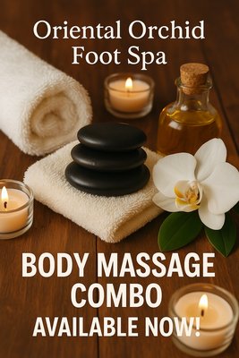 Exclusive Yelp Body Massage Deal - Mention Yelp to unlock this special deal at Oriental Orchid Foot Spa! Enjoy a 1-hour body massage with essential oil and hot stone for $85 (valued at $110) or 90 minutes for $115 (valued at $140). Relax, rejuvenate, and save! Reserve your spot today! Exclusive Yelp Body Massage Deal - Mention Yelp to unlock this special deal at Oriental Orchid Foot Spa! Enjoy a 1-hour body massage with essential oil and hot stone for $85 (valued at $110) or 90 minutes for $115 (valued at $140). Relax, rejuvenate, and save! Reserve your spot today!