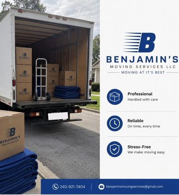 Local and Long Distance Moves - Now booking!
If you’re moving soon, let Benjamin’s Moving Services LLC help make the process easier. We currently have open dates available for local and long-distance moves.

✔️ Packing ✔️ Loading & unloading ✔️ Junk removal ✔️ Residential & commercial moves

We show up on time, handle your belongings with care, and keep the move as stress-free as possible.
📞 240-921-7404 📩 Message us for a free estimate