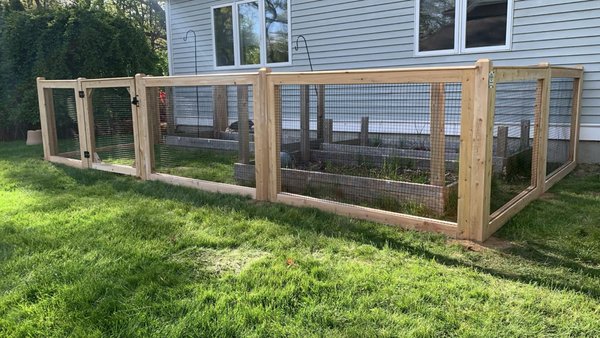 Garden Project - This project was done on the spring of 2024. Client was having problems with some critters. We installed a 100% Cedar all natural wooden posts and rails and 1x1 Welded Wire Mesh to prevent some os the pesky critters to get to his Fresh Veggies. Garden Project - This project was done on the spring of 2024. Client was having problems with some critters. We installed a 100% Cedar all natural wooden posts and rails and 1x1 Welded Wire Mesh to prevent some os the pesky critters to get to his Fresh Veggies.