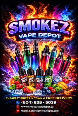 Smokez Vape Depot - Smokez Vape Depot - Premium Vape Devices & E-Liquids in Canada
Your trusted source for authentic vape products delivered fast across Canada. We specialize in premium pod systems, disposable vapes, and curated e-liquid collections from top brands like Vaporesso, Uwell, Fog Formulas, and Flavour Beast.
What We Offer:
Premium pod systems and devices (Vaporesso XROS, Caliburn G4)
Wide selection of disposable vapes (5000+ puffs)
Curated e-liquid flavours from leading brands
Starter bundles for new vapers
Fast Canada-wide shipping
100% authentic products
Whether you're new to vaping or looking to upgrade your setup, we've got you covered with quality products and expert guidance.
Free shipping on orders $75+ Smokez Vape Depot - Smokez Vape Depot - Premium Vape Devices & E-Liquids in Canada
Your trusted source for authentic vape products delivered fast across Canada. We specialize in premium pod systems, disposable vapes, and curated e-liquid collections from top brands like Vaporesso, Uwell, Fog Formulas, and Flavour Beast.
What We Offer:
Premium pod systems and devices (Vaporesso XROS, Caliburn G4)
Wide selection of disposable vapes (5000+ puffs)
Curated e-liquid flavours from leading brands
Starter bundles for new vapers
Fast Canada-wide shipping
100% authentic products
Whether you're new to vaping or looking to upgrade your setup, we've got you covered with quality products and expert guidance.
Free shipping on orders $75+