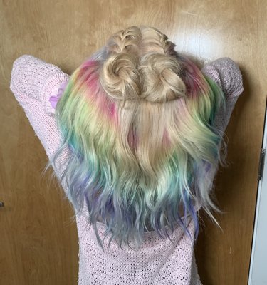 Unicorn Hair Transformation - Revamped her look with rainbow peekaboo highlights and brought her to a lovely beigey blonde! Unicorn Hair Transformation - Revamped her look with rainbow peekaboo highlights and brought her to a lovely beigey blonde!