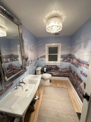 Wallapper installation in the bathroom - Our team installed wallapper mural on the bathroom walls