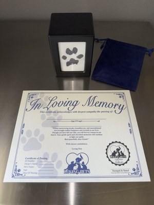 Premier Package - **Premier Service**
Our Premier Service offers a comprehensive and dignified approach to pet cremation, designed to support you during this difficult time. This package includes:
- **Rapid Pick-Up:** We will arrive within 2 hours to gently collect your pet.
- **Individual Cremation:** Each pet is cremated individually, ensuring that the returned ashes are solely
those of your beloved companion.
- **Custom Urn:** Ashes are returned in a standard urn with custom engraving, providing a heartfelt
tribute to your pet's memory.
- **Additional Keepsakes:** We provide an ink paw print and a pet death certificate as lasting mementos to
cherish.
- **Secure Handling:** The ashes are carefully sealed in a plastic bag and encased in a velvet bag to ensure
their safekeeping, offering you peace of mind.
Your pet's remains will be treated with the utmost care and respect throughout the entire process, honoring the love and bond you shared. Premier Package - **Premier Service**
Our Premier Service offers a comprehensive and dignified approach to pet cremation, designed to support you during this difficult time. This package includes:
- **Rapid Pick-Up:** We will arrive within 2 hours to gently collect your pet.
- **Individual Cremation:** Each pet is cremated individually, ensuring that the returned ashes are solely
those of your beloved companion.
- **Custom Urn:** Ashes are returned in a standard urn with custom engraving, providing a heartfelt
tribute to your pet's memory.
- **Additional Keepsakes:** We provide an ink paw print and a pet death certificate as lasting mementos to
cherish.
- **Secure Handling:** The ashes are carefully sealed in a plastic bag and encased in a velvet bag to ensure
their safekeeping, offering you peace of mind.
Your pet's remains will be treated with the utmost care and respect throughout the entire process, honoring the love and bond you shared.