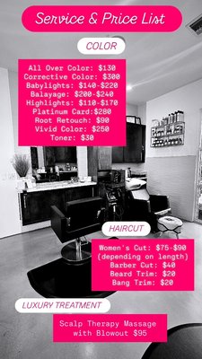 Service and Price List, Photos inside Salon Beaux Cheveux. - A peek inside the salon, my suite and the scalp therapy suite.