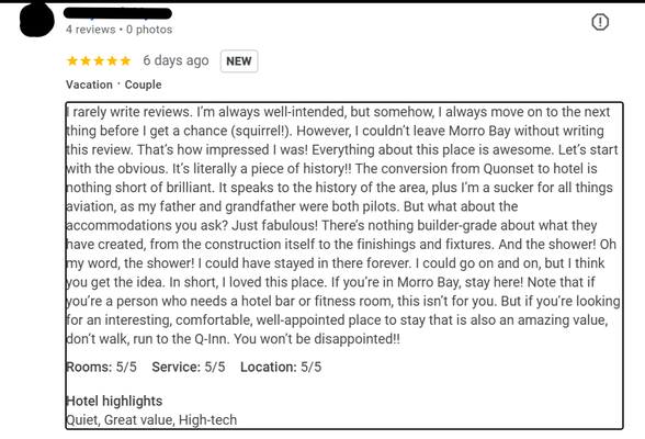Guest review from recent stay with us! - This guest had the experience every visitor should leave with when they visit Morro Bay. Book now on our website to experience the only historical stay in Morro Bay. Guest review from recent stay with us! - This guest had the experience every visitor should leave with when they visit Morro Bay. Book now on our website to experience the only historical stay in Morro Bay.