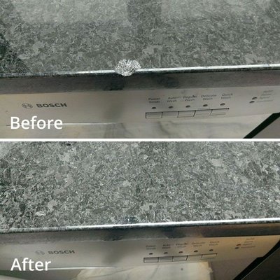 Before/After - Kitchen Countertops - Rather than purchasing and installing all new kitchen countertops, The Top Doc can simply repair your chipped, cracked, or damaged Quartz, Granite, Marble and Stone countertops for a fraction of the price. Give us a call today for a free estimate!