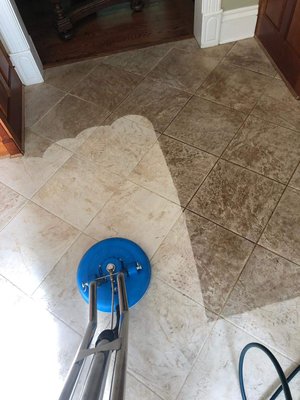 Tile cleaning 01/28/2014 - Check out the difference between the two. Overtime grease and dirt get trapped in your grout and tile . Let clean air Texas help you get it clean don’t wait . get a quote on your tile today! We also do resealing of grout , natural stone , and wood floors .