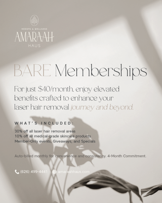 BARE Memberships - Your first visit to Alaraah Haus is more than an appointment—it’s the beginning of a beauty journey tailored just for you. For a limited time, we’re offering an exclusive new patient promotion designed to help you experience our signature treatments and refined care.
Reserve your consultation today and step into a space where artistry meets science, and your natural beauty is always the focus. BARE Memberships - Your first visit to Alaraah Haus is more than an appointment—it’s the beginning of a beauty journey tailored just for you. For a limited time, we’re offering an exclusive new patient promotion designed to help you experience our signature treatments and refined care.
Reserve your consultation today and step into a space where artistry meets science, and your natural beauty is always the focus.