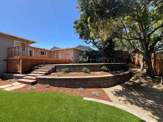Backyard Landscape Design and Installation Featuring Patio Pavers - This landscape design and build project transformed a sloped yard by adding a tiered retaining wall with integrated plant beds and a clean, durable paver patio. The remodel also included new paver driveway and walkway. Completed in San Mateo, CA (94402). Backyard Landscape Design and Installation Featuring Patio Pavers - This landscape design and build project transformed a sloped yard by adding a tiered retaining wall with integrated plant beds and a clean, durable paver patio. The remodel also included new paver driveway and walkway. Completed in San Mateo, CA (94402).