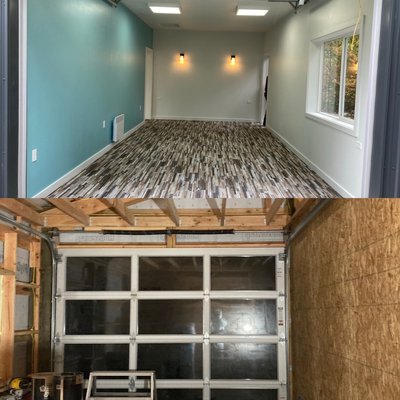Making a pole barn a living space - The client had an unfinished pole barn. We added insulation, drywall, texture and trim. To turn the space into a gym and an art room.