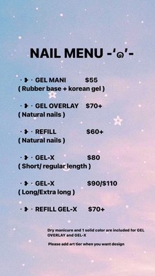 Nail Menu - How to book?!?
- Choose the base ( gelx, gel overlay or gel mani )
A solid color is included in gelx and gel overlay and gel mani service.
- Select your art tier if you want.
- Don’t forget to book soakoff if you want a fullset.
Thank you Nail Menu - How to book?!?
- Choose the base ( gelx, gel overlay or gel mani )
A solid color is included in gelx and gel overlay and gel mani service.
- Select your art tier if you want.
- Don’t forget to book soakoff if you want a fullset.
Thank you