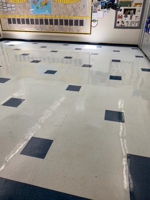 Deep Clean and Strip and Wax of Floors in a School - On top of recurring cleaning services we offer deep cleaning and floor work to keep our clients facilities looking spotless. This large school has been a long time client of ours and when school lets out for summer we get to work deep cleaning every classroom and doing a full strip and wax of their VCT flooring. Regular maintenance of floors in critical to extending the life of the flooring and to keep the floors looking shiny and new. Deep Clean and Strip and Wax of Floors in a School - On top of recurring cleaning services we offer deep cleaning and floor work to keep our clients facilities looking spotless. This large school has been a long time client of ours and when school lets out for summer we get to work deep cleaning every classroom and doing a full strip and wax of their VCT flooring. Regular maintenance of floors in critical to extending the life of the flooring and to keep the floors looking shiny and new.