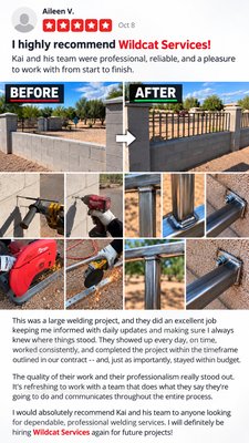 Custom Metal Fence Welding and Fabrication - This large custom metal fence project in Cave Creek included the fabrication and installation of 40 steel panels. We measured, cut, welded, reinforced, precision-ground, installed, and painted each panel, creating a clean floating effect and a durable light-gray finish. Custom Metal Fence Welding and Fabrication - This large custom metal fence project in Cave Creek included the fabrication and installation of 40 steel panels. We measured, cut, welded, reinforced, precision-ground, installed, and painted each panel, creating a clean floating effect and a durable light-gray finish.