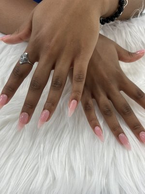 Dip powder extension - Dip powder extension with pink glitter and nude color with dip powder and nail art Dip powder extension - Dip powder extension with pink glitter and nude color with dip powder and nail art