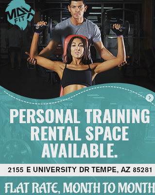 Top three reasons you should join our community... Read More - 1) Spacious facility
Our 5,100 sq. ft facility can easily accommodate a dozen trainers and their clients with room to spare. Established as a large group fitness studio, there are many duplicated items including:
10 station squat rig
14 olympic barbells
Over 4,000 lbs of bumper plates
Over 750 sq. ft of high quality turf
2 weight sleds
We also have restrooms, showers, and a front lobby for meeting with your clients.
2) Accessible location
MaxFit is conveniently located right off the 101 on University Drive. With easy freeway access and ample parking, continue to train clientele from Tempe, Mesa, Scottsdale, Chandler, and Southeast Phoenix. Only 1.5 miles from ASU, scale your client list and grow your business from our premier location.
3) Competitive rates-
Renting at MaxFit is very competitive at $550 a month flat rate. There is no long term contract. Agreement is month-to-month. You get a key to the building and can train when you want. It’s that simple. Plus, our referral program saves you money. Do you know other trainers interested in joining? If you sign up to rent with us and then refer another trainer who signs up, we'll give you $300 off on your next month of rent.
PLUS, Limited-time offer!! We’re looking to land a few trainers starting right on October 1st. The next 5 trainers to sign up to rent with us will get their first month half off! ($275 savings) Top three reasons you should join our community... Read More - 1) Spacious facility
Our 5,100 sq. ft facility can easily accommodate a dozen trainers and their clients with room to spare. Established as a large group fitness studio, there are many duplicated items including:
10 station squat rig
14 olympic barbells
Over 4,000 lbs of bumper plates
Over 750 sq. ft of high quality turf
2 weight sleds
We also have restrooms, showers, and a front lobby for meeting with your clients.
2) Accessible location
MaxFit is conveniently located right off the 101 on University Drive. With easy freeway access and ample parking, continue to train clientele from Tempe, Mesa, Scottsdale, Chandler, and Southeast Phoenix. Only 1.5 miles from ASU, scale your client list and grow your business from our premier location.
3) Competitive rates-
Renting at MaxFit is very competitive at $550 a month flat rate. There is no long term contract. Agreement is month-to-month. You get a key to the building and can train when you want. It’s that simple. Plus, our referral program saves you money. Do you know other trainers interested in joining? If you sign up to rent with us and then refer another trainer who signs up, we'll give you $300 off on your next month of rent.
PLUS, Limited-time offer!! We’re looking to land a few trainers starting right on October 1st. The next 5 trainers to sign up to rent with us will get their first month half off! ($275 savings)