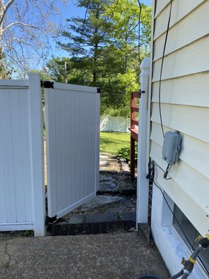 Vinyl fence repair - Remove broken and damaged vinyl fence gates and one section. Install new vinyl fence section and two new vinyl gates Vinyl fence repair - Remove broken and damaged vinyl fence gates and one section. Install new vinyl fence section and two new vinyl gates