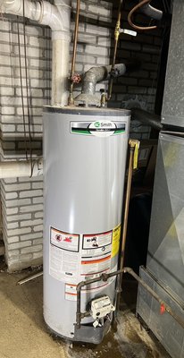 40 gallon natural gas water heater upgrade - Installation of New Rheem Natural Gas Atmospheric Vent Water Heater
Included removal and disposal of the existing unit and installation of a new Rheem natural gas atmospheric vent water heater, complete with:
• Rheem extended 10-year warranty kit (includes upgraded anode rod and warranty registration)
• 26″ water heater drain pan
• Upgraded 4″ venting to meet Massachusetts code compliance
• Reconnection of existing hot/cold water lines and gas piping
• Full system testing to ensure safe and proper operation 40 gallon natural gas water heater upgrade - Installation of New Rheem Natural Gas Atmospheric Vent Water Heater
Included removal and disposal of the existing unit and installation of a new Rheem natural gas atmospheric vent water heater, complete with:
• Rheem extended 10-year warranty kit (includes upgraded anode rod and warranty registration)
• 26″ water heater drain pan
• Upgraded 4″ venting to meet Massachusetts code compliance
• Reconnection of existing hot/cold water lines and gas piping
• Full system testing to ensure safe and proper operation