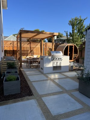 Backyard Transformation - Backyard remodel.
We did 3x3 concrete slabs with DG in between,
deck landing.
Outdoor kitchen with concrete countertop and stucco finish for the walls.
P
Pergola made of redwood. Backyard Transformation - Backyard remodel.
We did 3x3 concrete slabs with DG in between,
deck landing.
Outdoor kitchen with concrete countertop and stucco finish for the walls.
P
Pergola made of redwood.