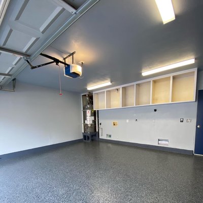 Garage remodel - We applied an epoxy base and decorative flake with a polyaspartic top coat. Repaire and painted the walls, ceiling and cabinets. Garage remodel - We applied an epoxy base and decorative flake with a polyaspartic top coat. Repaire and painted the walls, ceiling and cabinets.
