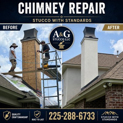 Stucco replacement and chimney repairs in Baton Rouge - AandG Stucco LLC PERFORMED A full REPLACMENT at the highest standards, 
Using Sto  quality materials 
Call us for your free estimate today 
225-288 -6733