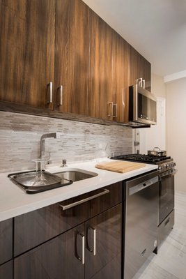 Elm Linear Kitchen and Unique Stone Bath - Elm Linear cabinets and natural stone backsplash in horizontal strips in kitchen. Unique stone in dramatic black in bath. Elm Linear Kitchen and Unique Stone Bath - Elm Linear cabinets and natural stone backsplash in horizontal strips in kitchen. Unique stone in dramatic black in bath.