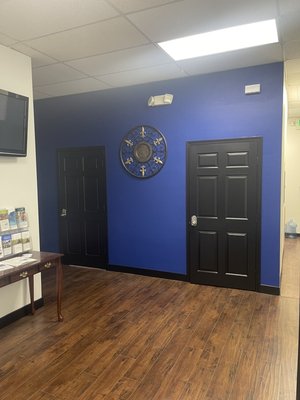 Palmdale Optometry - Palmdale Optometry wanted to add blue accent walls, a blue front door, black office doors, white walls, and to customize their glasses display case in the accent blue. Palmdale Optometry - Palmdale Optometry wanted to add blue accent walls, a blue front door, black office doors, white walls, and to customize their glasses display case in the accent blue.