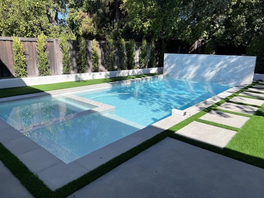 Westlake Village New Build and Backyard installation - This was a brand new 15x32 pool and sheer descent waterfall wall at the end of the pool. New sand finish concrete deck with turf inlays. Brand new outdoor kitchen complete with grill, burner, fridge and sink. Brand new Archpot fire pit: Westlake Village New Build and Backyard installation - This was a brand new 15x32 pool and sheer descent waterfall wall at the end of the pool. New sand finish concrete deck with turf inlays. Brand new outdoor kitchen complete with grill, burner, fridge and sink. Brand new Archpot fire pit: