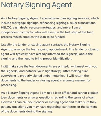Notary Signing Agent - 1911 Notary Signing Solutions, Notary Signing Agent
Please visit my website, and click the book appointment button on the right top corner!
Thank you! Notary Signing Agent - 1911 Notary Signing Solutions, Notary Signing Agent
Please visit my website, and click the book appointment button on the right top corner!
Thank you!