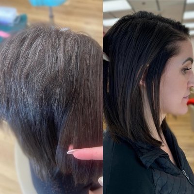 V-Light Extensions - We solved this guest’s trichotillomania with V-Light extensions.
Given that she had a gorgeous, full hair line, we decided against pursuing mesh integration. We made the decision to smoothly incorporate additional hairs, strand by strand, into her existing hair loss region using our V-Light technique.
Not only did this approach add roughly 14 inches to the region of 2 inch hair, it also changed the direction of growth and helped the hair lay flat, which completely resolved her issues. When trich regions regrow, the hair frequently follows unfavorable growth.
V-Light may officially be our go to hair loss for situations similar to this. V-Light Extensions - We solved this guest’s trichotillomania with V-Light extensions.
Given that she had a gorgeous, full hair line, we decided against pursuing mesh integration. We made the decision to smoothly incorporate additional hairs, strand by strand, into her existing hair loss region using our V-Light technique.
Not only did this approach add roughly 14 inches to the region of 2 inch hair, it also changed the direction of growth and helped the hair lay flat, which completely resolved her issues. When trich regions regrow, the hair frequently follows unfavorable growth.
V-Light may officially be our go to hair loss for situations similar to this.