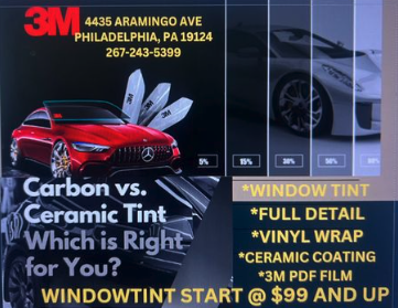 Carbon VS Ceramic Tinting - Custom quick cars ink we are a certified state/safety and salvage inspection shop. we offer Autobody and insurance claims services , window tinting ,vinyl wrap, detailing and maintenance. CALL TODAY!!
267-243-5399