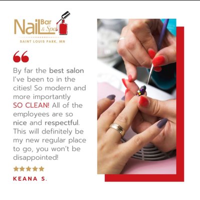 We Love Our Customers - Indulge yourself to an exceptional experience! high quality product pedicure treatment pampers you in a relaxing atmosphere. Pedicure bowls are jet-less and covered by single disposable spa liner to enhance the healthy aspects of our foot soaks without the risk of encountering "back-flow" bacteria and cross contamination. Our pedicure lounge radiates a sense of cleanliness, relaxation, and pampering. We Love Our Customers - Indulge yourself to an exceptional experience! high quality product pedicure treatment pampers you in a relaxing atmosphere. Pedicure bowls are jet-less and covered by single disposable spa liner to enhance the healthy aspects of our foot soaks without the risk of encountering "back-flow" bacteria and cross contamination. Our pedicure lounge radiates a sense of cleanliness, relaxation, and pampering.