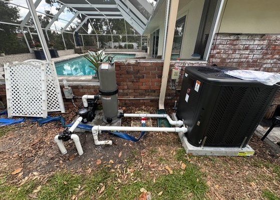 Filter Replacement and Heat Pump Installation - This customer wanted to moved away from a DE filter. We replaced their existing DE filter with a new cartridge filter, and then added in a brand new heat pump to their equipment pad. Filter Replacement and Heat Pump Installation - This customer wanted to moved away from a DE filter. We replaced their existing DE filter with a new cartridge filter, and then added in a brand new heat pump to their equipment pad.