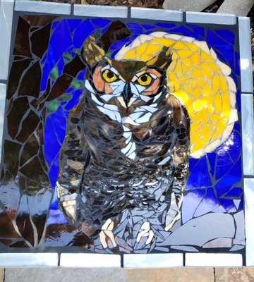 Owl Mosaic Patio Side Tables - The client asked for two "bird" tables to use in their outdoor space. I selected these two gorgeous owls to feature: a male great horned owl and a female barn owl. Both are ferociously beautiful hunters and native to our Berkeley area. Owl Mosaic Patio Side Tables - The client asked for two "bird" tables to use in their outdoor space. I selected these two gorgeous owls to feature: a male great horned owl and a female barn owl. Both are ferociously beautiful hunters and native to our Berkeley area.