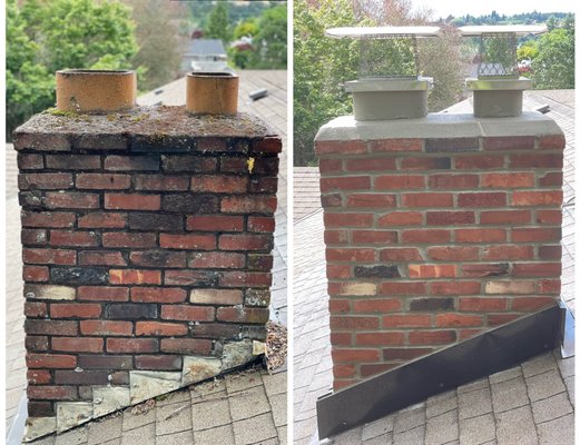 Chimney Tuck Point - This chimney repair was much needed. We tuckpointed it, crown coat, wash and seal, and added chimney caps. If your chimney looks like the before photo please call us today. We'd love to help.