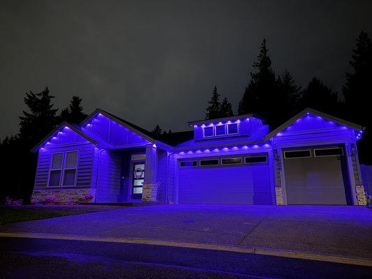 Custom Permanent Home lighting Project - This new leaf finish home got permanent home lighting just under 200 feet following the roof line with custom painted wood wood trim ￼