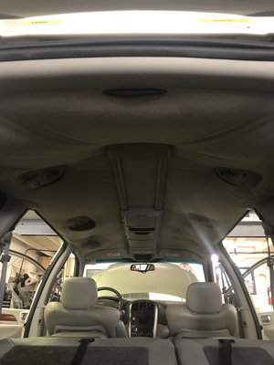 Caravan headliner replacement - We see this so many times. The Dodge Caravan is one of, if not the, most popular van in circulation. And with good reason. It ‘s reliable, useful, and affordable. But, with any vehicle that gets older than 7-10 years in Florida, the headliner is gonna fall. No worries, we’ve done many of these in our 28+ years of service and we can do it factory fresh in just a day.