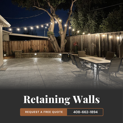Retaining Walls - Call 408-662-1894 for a free on-site retaining wall estimate in San Jose and the surrounding South Bay.
Retaining walls fail for one reason: drainage. Water builds up behind the wall, hydrostatic pressure pushes out, and the face starts to lean or bulge. We build with a compacted gravel base, a drainage layer and perforated pipe behind the block, and proper backfill so water moves out instead of loading the wall.
We install segmental block, natural stone, and poured concrete walls for grade changes, terraced yards, planter beds, and slope stabilization. Every wall is engineered for the height and soil conditions on the property, and we pull permits when the height calls for it.
Serving San Jose, Almaden Valley, Willow Glen, Los Gatos, Cambrian Park, and Blossom Valley. Retaining Walls - Call 408-662-1894 for a free on-site retaining wall estimate in San Jose and the surrounding South Bay.
Retaining walls fail for one reason: drainage. Water builds up behind the wall, hydrostatic pressure pushes out, and the face starts to lean or bulge. We build with a compacted gravel base, a drainage layer and perforated pipe behind the block, and proper backfill so water moves out instead of loading the wall.
We install segmental block, natural stone, and poured concrete walls for grade changes, terraced yards, planter beds, and slope stabilization. Every wall is engineered for the height and soil conditions on the property, and we pull permits when the height calls for it.
Serving San Jose, Almaden Valley, Willow Glen, Los Gatos, Cambrian Park, and Blossom Valley.