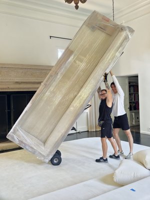 300-Lb Couch, 11-Ft Tall - No Problem ! - Our crew safely moved this extra-long, bulky couch weighing approximately 300 ib. The team carefully wrapped it in protective plastic and used cardboard to safeguard the couch, floors, walls, and doorways. With the right equipment, teamwork, and experience, our movers handled the oversized piece smoothly and efficiently - without scratches or damage.