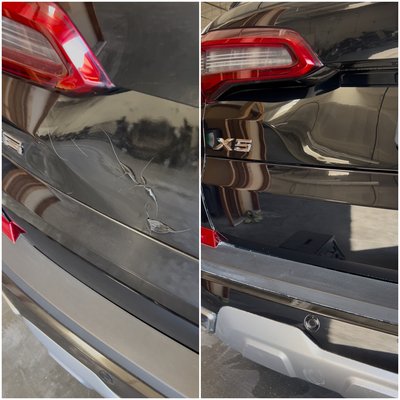 Rear Bumper Repair and Restoration - This project shows the repair of a rear bumper with severe damage. After professional restoration and paint correction, the bumper was fully repaired and finished with a smooth, glossy look