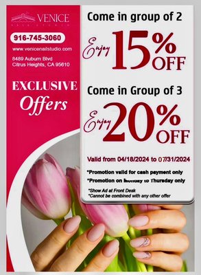 Happy July - Thank you so much for your support. 15-20% off for customers can’t not book on Friday, Saturday or Sunday. Happy July - Thank you so much for your support. 15-20% off for customers can’t not book on Friday, Saturday or Sunday.