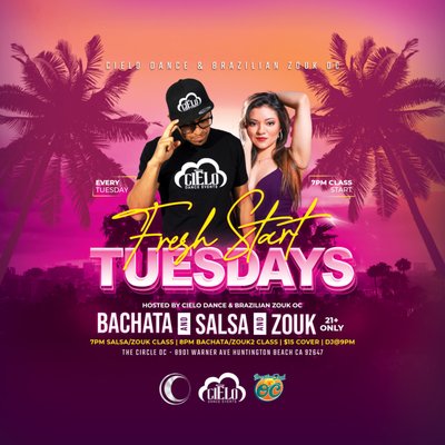 Tuesdays - Come Learn How To Dance Bachata, Salsa & Zouk Every Week In The City Of Huntington Beach. No Partner Or Experience Needed. Super Friendly Atmosphere & Gorgeous Venue.
The Circle OC
8901 Warner Ave, Huntington Beach, CA 9264
Schedule:
Salsa/Zouk Classes at 7pm.
Bachata/Zouk2 Classes at 8pm.
Social Dancing Starts at 9pm Till 1:30am
Free Safe Parking, 21 and over, $15 cover
We Take Cash, Zelle, Venmo, & Paypal At The Door
Food & Drinks All Night - $7 Beers $11 Well Drinks Tuesdays - Come Learn How To Dance Bachata, Salsa & Zouk Every Week In The City Of Huntington Beach. No Partner Or Experience Needed. Super Friendly Atmosphere & Gorgeous Venue.
The Circle OC
8901 Warner Ave, Huntington Beach, CA 9264
Schedule:
Salsa/Zouk Classes at 7pm.
Bachata/Zouk2 Classes at 8pm.
Social Dancing Starts at 9pm Till 1:30am
Free Safe Parking, 21 and over, $15 cover
We Take Cash, Zelle, Venmo, & Paypal At The Door
Food & Drinks All Night - $7 Beers $11 Well Drinks